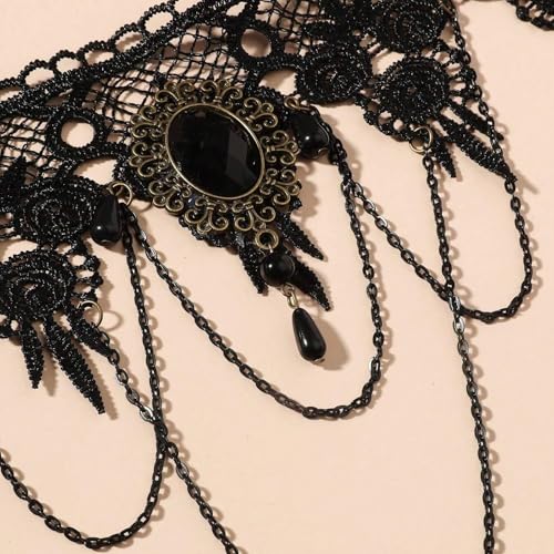 Qceasiy Gothic Black Necklace for Women, Adjustable Victorian Velvet Lace Collar, Halloween Party Cosplay Jewelry Gift - style: Black Gem Chain