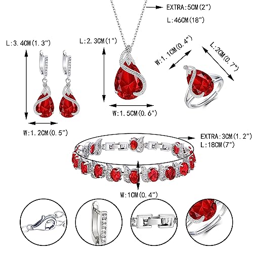 EVER FAITH Wedding Jewelry Set for Bride Bridesmaid, Glamour Teardrop Cubic Zirconia Pendant Necklace Earrings Tennis Bracelet Open Ring Sets for Birthday/Valentine's Day/Mother's Day/Christmas - color: A_Red Silver-Plated-Brass