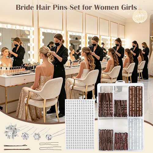 700 PCS Bride Hair Styling Kit, Hair Pins Set for Women Girls w/Storage Box | 100 U-Pins, 100 Bobby Pins Brown, 200 Hair Elastics, 40 Bridal Hair Pins Crystal Flowers, 1 Reinstone Sticker(6mm, 260pieces)