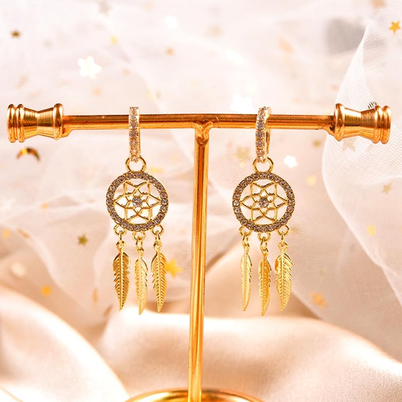 Dream Catcher Dangle Earrings for Women, Boho Feather Tassels Drop Earrings Geometric AAA Zircon Ear Jewelry
