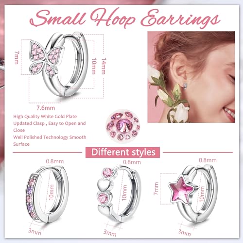 YADOCA Hypoallergenic Hoop Earrings For Girls Women Kids Toddler Earrings | Cute Small Huggie Hoop Earring Set Colorful Blue Pink CZ Cartilage Earring 10mm 4 Pairs Butterfly Star Wear While Sleeping - color: Pink
