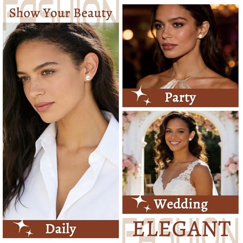 4 Pairs Pearl Stud Earrings - Hypoallergenic 14K Gold Plated 8mm-14mm Set Earrings for women Pearl Earrings Set for Sensitive Ears Classic Jewelry Gift for Birthday