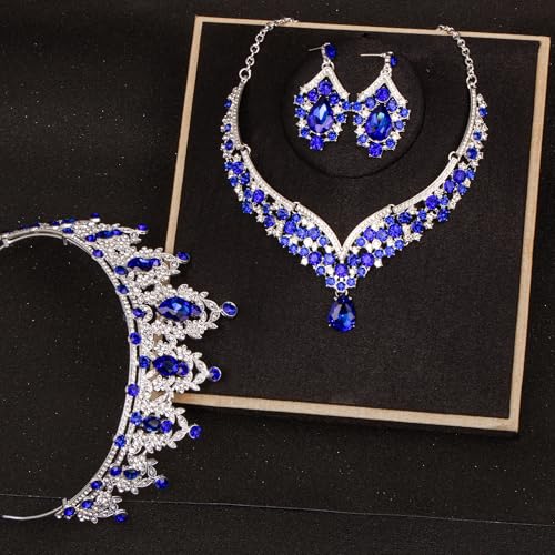 Crowns and Tiaras jewelry sets for Wedding princess birthday party Halloween Prom Pageant Jewelry for Women Crystal Bridal Jewelry Set for women - color: Silver Blue