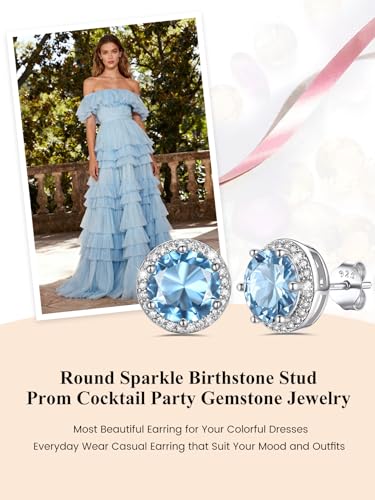 Bestyle Authentic 925 Sterling Silver 2 Carat Birthstone Earrings for Women, More Sparkle Heart/Round Solitaire Diamond Studs Earrings, Great Birthday/Christmas/Anniversary Jewelry for Wife Mother - color: 03. Mar. Aquamarine-Round
