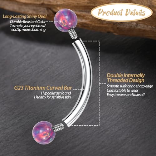GAGABODY Titanium Eyebrow Jewelry - Curved Barbell & Labret Stud, 16g - Belly Button Ring & Cartilage Earring - Opal Bridge Jewelry - color: 1Pc-Silver+Ball Shape Purple Opal