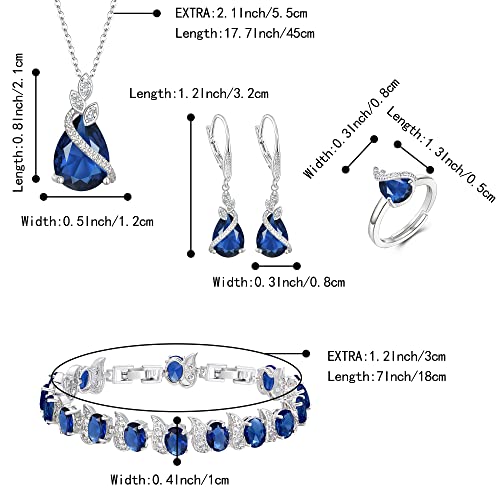 Jewelry Set for Bride, Sparkling Water Drop Cubic Zirconia Crystal Pendant Necklace Leverback Earrings Tennis Bracelet Adjustable Ring Gift for Wedding/Birthday/Mother's Day/Christmas - color: 01-Sapphire Color Silver-Tone