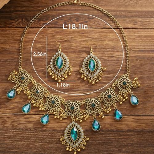Frodete Indian Jewelry Sets for Women Traditional Bohemian Wedding Jewelry Set Indian Dresses for Women Oxidized Ethnic Party Prom Wear - color: D5:GOLD GREEN