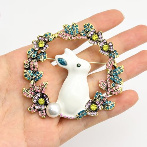 Cute Rabbit Rhinestone Brooch Pin for Women Girls, Fashion Crystal Bunny Animal Wreath Brooch Lapel Pins Dainty Clothes Accessory Jewelry Gift for Easter Day Birthday Party