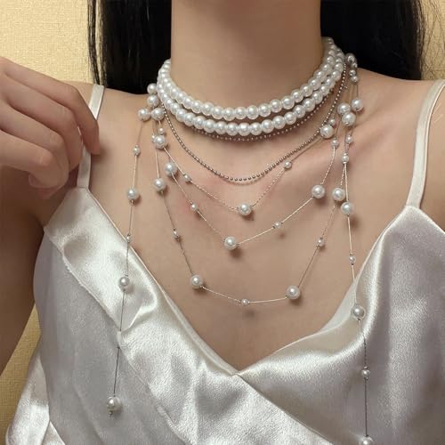 Layered Pearl Choker Necklace for Women Long Pearl Tassel Necklaces Multi Strand Pearl Necklaces Faux Pearl Necklace Wedding Jewelry - color: White