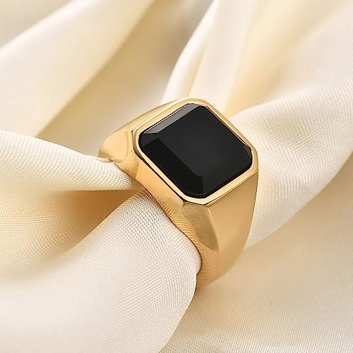 VQYSKO 14K Gold Plated Square Signet Ring | Stainless Steel Band for Men - color: Gold+Black