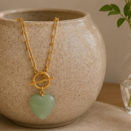 Teardrop CZ Pendant Paperclip Chain Necklace 18K Plated Paperclip Toggle Necklace Jewelry Birthstone Gift for Women - color: Heart Green Aventurine