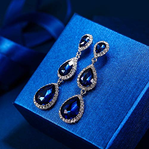 EleQueen Women's Crystal Teardrop Pear Shape 2.5 Inch Long Earrings | Dangle Earrings for Women, TearDrop Crystals Earrings for Bride Bridesmaid, Prom Jewelry for Wedding - color: 04-Royal Blue