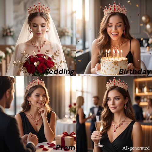 Kamirola Tiaras and Crowns for Women,Tiaras Earrings Necklace, Crystal Bridal Jewelry Set, Costume Jewelry for Women Party Halloween Prom Pageant - color: GOLD RED