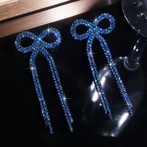 Rhinestone Earrings Dangling for Women Sparkly Silver Dangle Earrings Girls Long Chandelier Earrings Tassel Lightweight Ear Studs Cubic Zirconia (KE001S-W) - color: Bow 516286DY-BZ Coating Blue Zircon