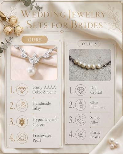 3Pcs 14K Gold Plated Pearl Bridal Jewelry Set for Women | Pearl necklace, drop earrings and bracelet set with cubic zirconia for bride bridesmaid wedding prom and party accessories - color: Silver Plated-CZ Leaf-Pearl