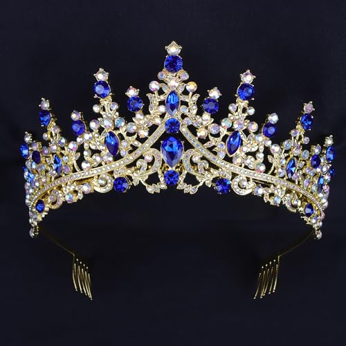 COCIDE Blue Crowns fpr Women Blue Tiaras for Women Royal Crown Hair Accessories Princess Halloween Cosplay Birthday Pageant Bride Headpieces Wedding Bridal - color: V3,Blue&Gold