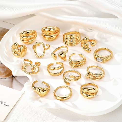 Chunky Rings for Women Non Tarnish 14k Stackable Dome Statement Rings Sets Vintage Dainty Knuckle Open Midi Finger Rings Jewelry Pack Gifts - style: Gold 16PCS
