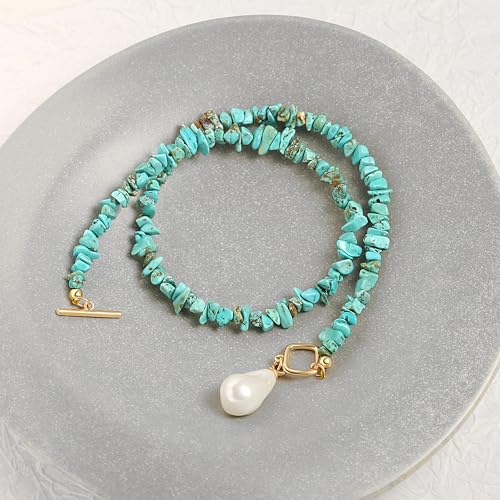 18k Gold Plated Chain Link Necklace for Women, Baroque Pearl/Compass Pendant Necklace - color: Turquoise Baroque small