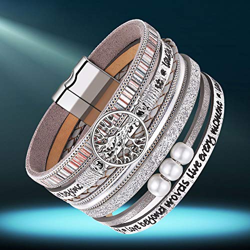 Desimtion Inspirational Tree of Life Boho Leather Wrap Bangle Bracelets for Women, Teen Girl Gifts Trendy Stuff, Fashion Accessories Jewelry Gifts for Women Girls - color: Silver