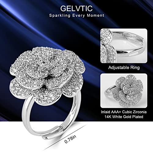 Cocktail Rings Silver Rose Flower Ring for Women Adjustable 18K Gold Plated Snowflake Open Wrap Wedding Statement Valentine Gift for Lover Wife Christmas - style: JZ06 Flower Ring-Silver