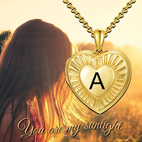 SOULMEET 10K 14K 18K Solid Yellow Gold/Plated Gold Locket Radiation Initial Heart Locket Necklace that Holds Pictures Personalized Photo Locket Necklace Alphabet A-Z - style: B-locket only