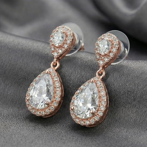 Mariell Cubic Zirconia Crystal Teardrop Dangle Bridal and Wedding Earrings, CZ Jewelry for Brides, Bridesmaids, Homecoming, Prom and Dressy Everyday Wear - color: Rose Gold-Clear Cubic Zirconia