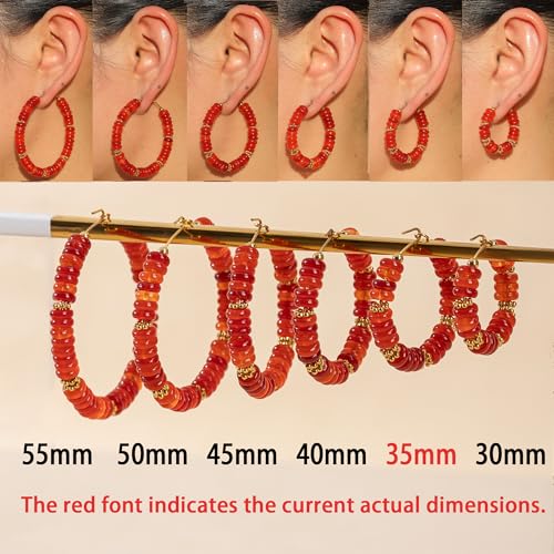 Wellike Beaded Hoop Earrings for Women Natural Stone Pink Gold Huggie Earrings Hypoallergenic Dainty Waterproof Trendy Jewelry - color: Red, size: 35mm