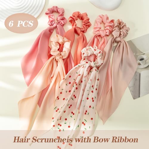 6 PCS Bow Silk Scrunchies, Hair Ties with Bows, Hair Scarf Scrunchies | Knotted Scrunchie Bow for Women, Satin Hair Ribbon Elastic Hair Tie Hair Accessories, Long, Cherry Pink - color: Cherry-Pink