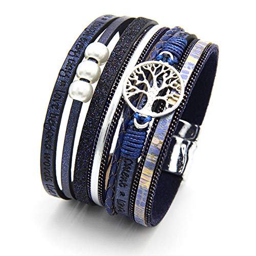 TGLS Women Tree of Life Leather Bracelets Multi-Layer Wraps Wristband Layered Wrap Bangle Cuff Bracelets for Friends Sisters Birthday Gifts - color: Blue
