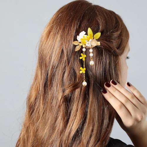A Pair Wedding Hair Clips, Handmade Floral Design Crystal Hair Clips Pearl Barrettes, Rhinestones Flower Clips Pearl Headpieces Hair Pins Hair Accessories for Women Girls (Yellow) - color: Yellow
