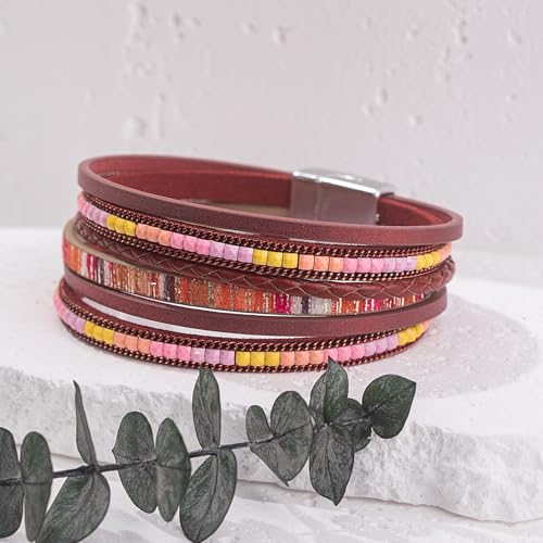 Boho Layered Leather Wrap Bracelets Chunky Western Country Hippie Jewelry | Stackable Bohemian Cowgirl Magnetic Clasp Cuff Bangle Set Fashion Stack Statement Festival Trendy Jewelry Gifts for Women - color: Burgundy