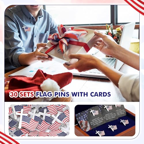 Sayglossy 30 Sets Christian 4th of July American Flag Pins with Card Patriotic USA Flag and Cross Lapel Pins Bulk with Bible Verse Cards Religious Military for Independence Day Veterans 250th Gifts - style: Usa Flag