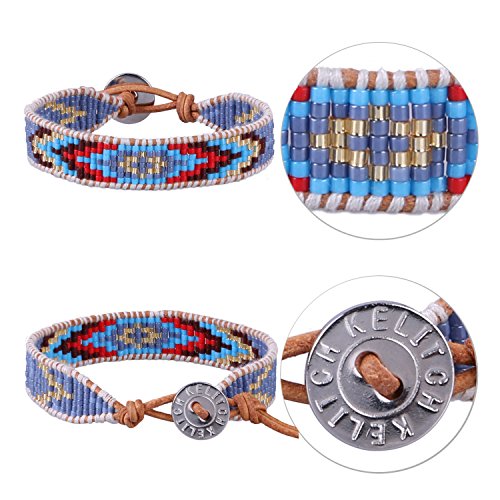 KELITCH Women Pearls Friendship Bracelets Handmade Blue Seed Bead Leather Wrap Bracelet Fashion Jewelry - color: E