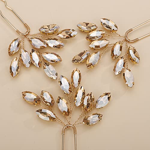 Teyglen 3pcs Bridal Crystal Hair Pins Rhinestones Hair Pieces Simple Crystal Wedding Hair Accessories Handmade Hair Pins for Women Bride(Champagne) - color: Champagne