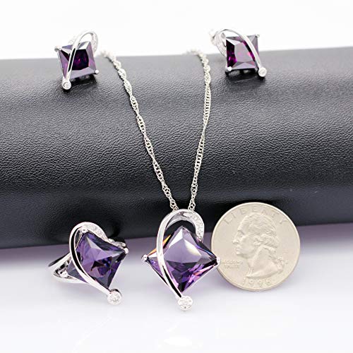 Uloveido Charm Created Topaz Big Square Crystal Necklace Matching Stud Earrings Rings Jewelry Set T295 - color: Purple