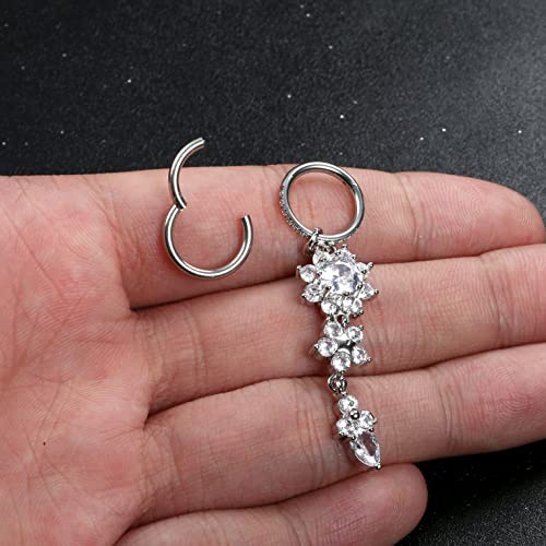 THUNARAZ 14G Hoop Belly Button Rings for Women CZ Clicker Navel Piercing | Surgical Stainless Steel Belly Navel Rings, Hoop Heart Butterfly Dangle Belly Piercing Jewelry - color: Silver Tone-Dangle