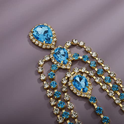 Bohemian Full Gold Rhinestone Chain Blue Crystal Head Chain Clip Drop Pendant HeadPieces Forehead Headband Hair Accessories for Wedding Brides Party Prom Costume (Gold Blue) - color: Gold Blue