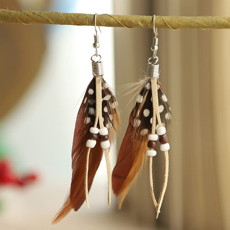 Boho Colorful Feather Dangle Earrings Handmade Beads Taseel Fashion Earrings for Women - color: Brown