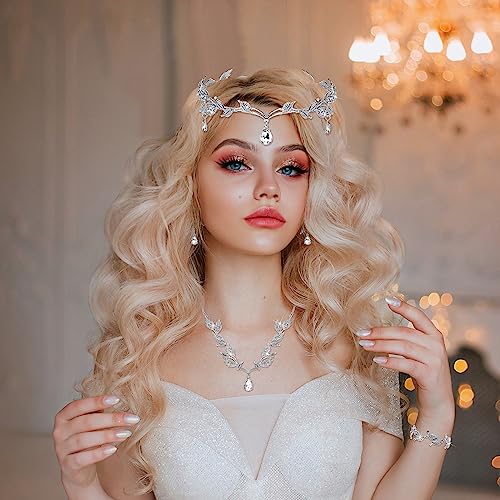 Wedding Jewelry Set for Women, Rhinestone Leaf Tiara Headband Crown Necklace Earrings Bracelet for Women - color: Silver