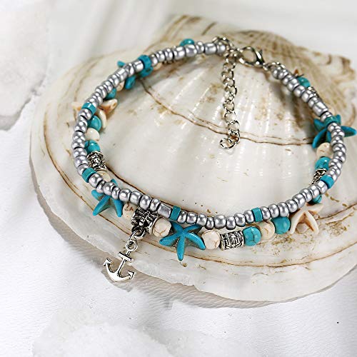 Softones Blue Starfish Turtle Anklet Multilayer Charm Beads Sea Handmade Boho Anklet Foot Jewelry for Women - style: O:Boat Anchor