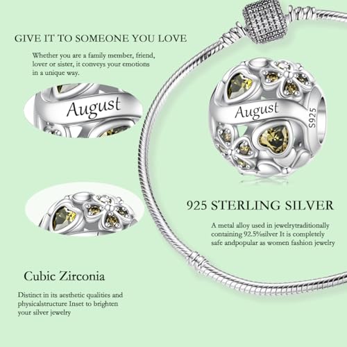 925 Sterling Silver Lucky Clover Birthstone Charms for Bracelets Dangle Pendant with 5A Cubic Zirconia Compatible Pandora Bracelets, Ladies Birthday Gift - style: 8-August