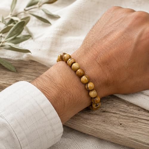 Olive Wood Bracelet Set of 3 from Bethlehem - Handmade 8mm Round Wood Bead Stretch Bracelets, Wooden Jewelry Gift Pack, Boho Beaded Bracelet Trio, Natural Wood Mala Bracelet Set