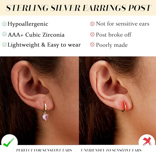 FIBO STEEL 14K Gold Plated Hoop Earrings with Charms for Women Huggie Hoops | Hypoallergenic 925 Sterling Silver Post Dangle Earrings Small Silver Gold Hoops Earring Cubic Zirconia Dangle Drop Jewelry - color: Pink Heart - 14K Gold Plated