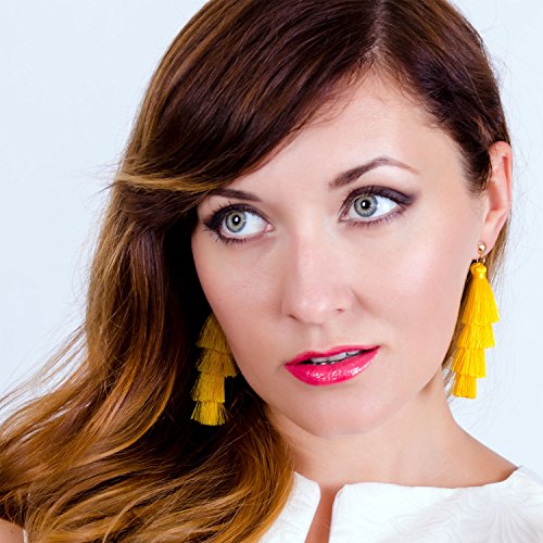 BaubleStar Bohemian Layered Tassel Drop Earrings for Women | Lightweight Statement Party Festival Jewelry - color: Yellow