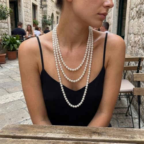 Long Pearl Beaded Necklace Layered Big Small Beads Pearl Necklaces Multi Strand Pearls Necklaces for Women Trendy Jewelry Gift - color: F: 190CM