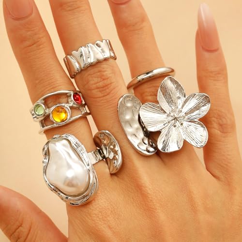 3/6 PCS Silver Chunky Pearl Rings Set for Women Gold Baroque Pearl Flower Open Ring Adjustable Crystal Large Ring Set Personalized Statement Knuckle Rings Fashion Costume Jewelry Accessories - color: crystal silver