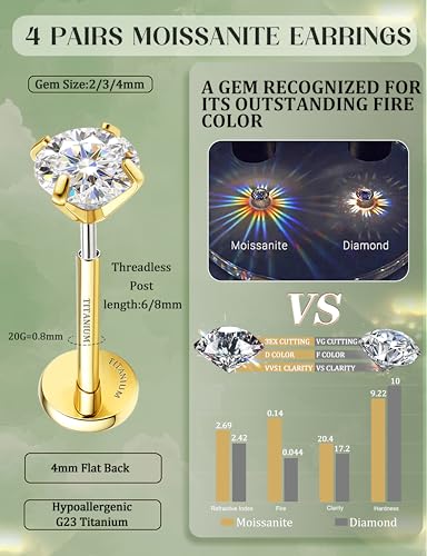 GEMQUEEN 8 PCS Moissanite & Implant Grade G23 Titanium Nose Studs Flat Back Earrings Hypoallergenic : 14K Gold Plated Nose Rings 20G Push in Threadless Cartilage Helix Piercing Jewelry for Women Men - color: Gold| 20G(0.8MM)-Bar-6/8MM&Moissanite-2/3/4MM