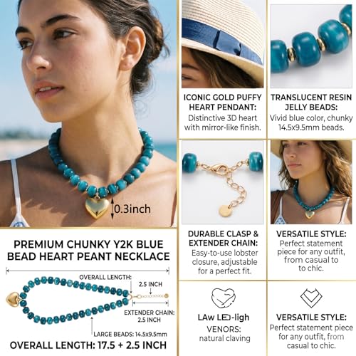 SYNLIN Resin Chunky Beaded Necklace for Women, Adjustable Heart Pendant Beaded Choker, Lightweight Statement Necklace, Boho Summer Beach Jewelry - color: Emerald Green