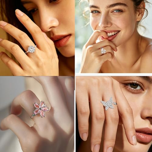6Pcs Fidget Anxiety Rings for Women, Silver Adjustable Open Spinner Rings for Anxiety, Stress Relief Rotating Rings with Butterfly Sun Star Flower Four-Leaf Clover Designs, Fidget Jewelry for Women - color: Silver