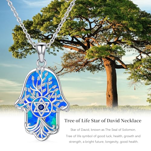 Hamsa Necklace 925 Sterling Silver Evil Eye/Lotus Flower/Star of David/Chai/Yin Yang Hamsa Hand Pendant Jewelry Hand of Fatima Gifts for Women - style: Star of David-Blue Opal